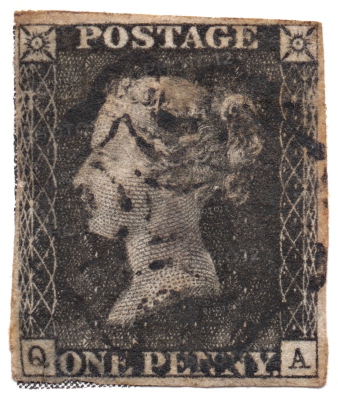 One Penny Black, the world's first postage stamp, c. 1840. Artist: Philately