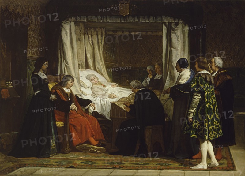 Queen Isabella I of Castile dictating her last will and testament, 1864. Artist: Rosales Gallina, Eduardo (1836-1873)