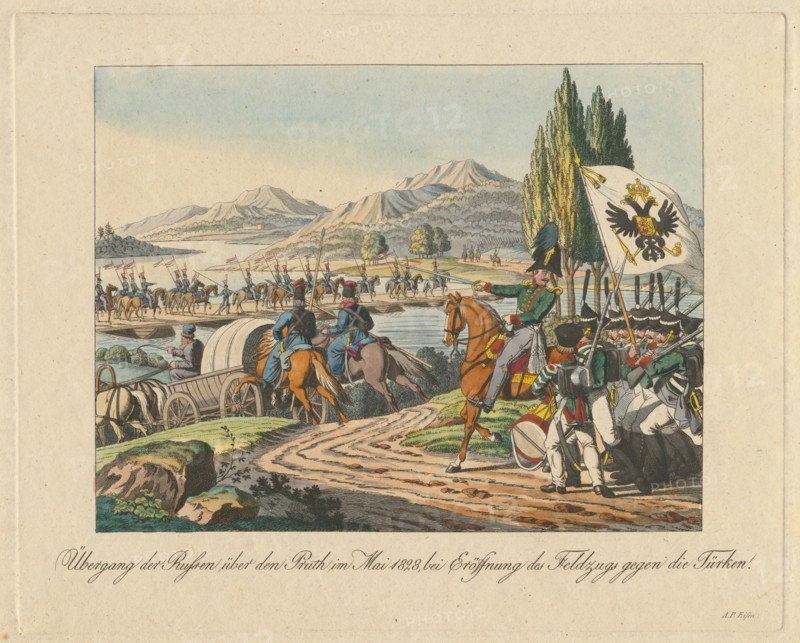 Russian army crosses the Pruth River into Moldavia on May 1828, 1829. Artist: Anonymous