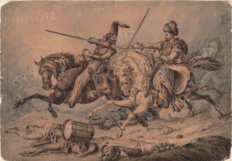 Russian Cossack in combat with a Mameluke, 1815. Artist: Heath, William (1795-1840)