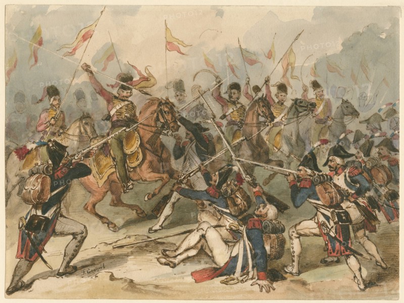 French infantry and Russian hussars in combat at Austerlitz. Artist: Goupil-Fesquet, Frédéric (1817-1878)