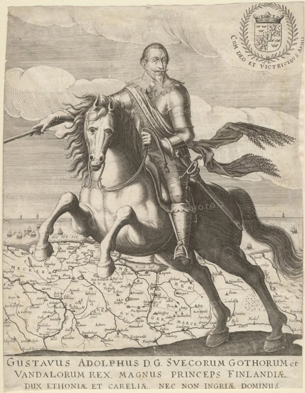 Gustavus Adolphus before the map of Pomerania in the background, 1630. Artist: Anonymous