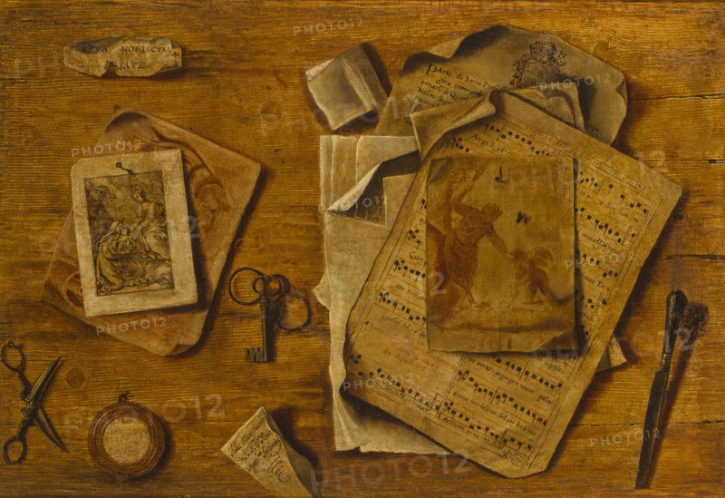 Trompe-l??il with musical score, drawings and keys, c. 1800. Artist: Anonymous