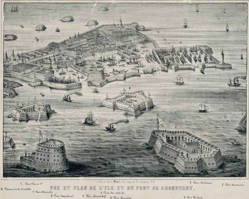 View and Plan of island and the port of Kronstadt, c. 1850. Artist: Anonymous
