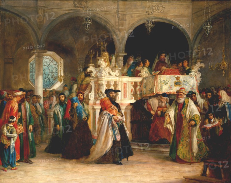 The Feast of the Rejoicing of the Torah at the Synagogue in Leghorn, Italy, 1850. Artist: Hart, Solomon Alexander (1806-1881)