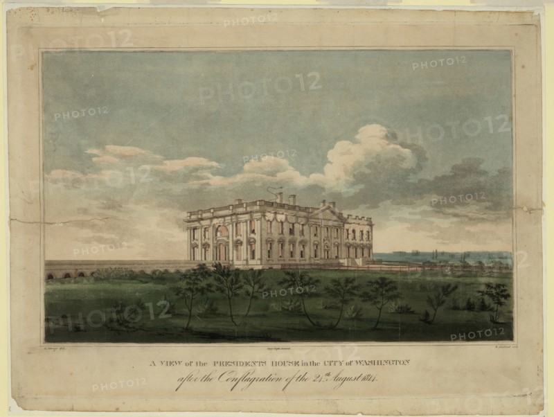 View of the White house in the city of Washington after the conflagration of the 24th August 1814, 1 Artist: Strickland, William (1787-1854)