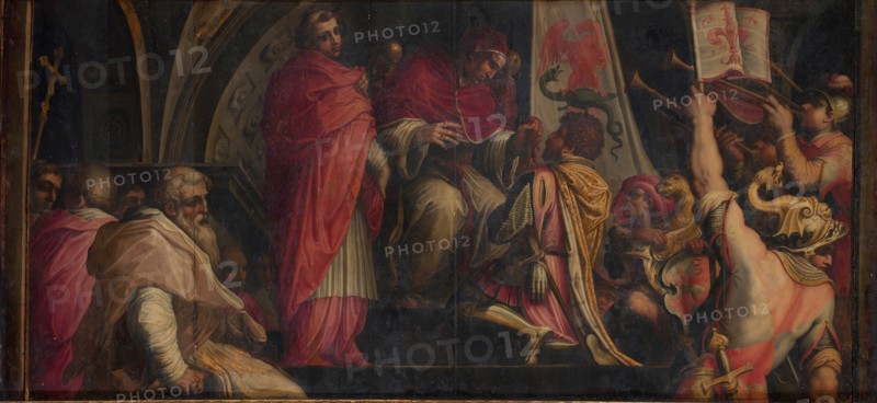 Pope Clement IV hands his insigna to the captains of the Guelph Party, 1563-1565. Artist: Vasari, Giorgio (1511-1574)