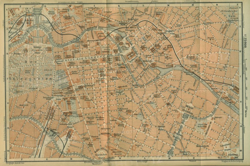Map of Berlin Center, from a travel guide Baedeker's Northeast Germany, 1892. Artist: Wagner & Debes, Leipzig