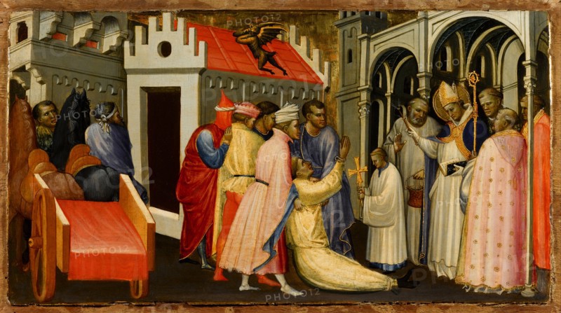 Saint Hugh of Lincoln Exorcises a Man Possessed by the Devil, 1404-1407. Artist: Starnina, Gherardo (c. 1364-1413)