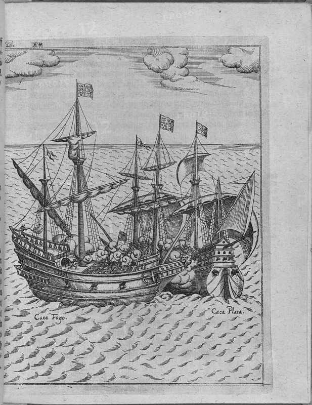 Battle between Francis Drake's ship Golden Hind and the Spanish ship Cacafuego. (From Levinus Hulsiu Artist: Anonymous