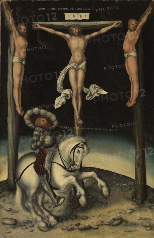 The centurion Longinus among the crosses of Christ and the two thieves, 1539. Artist: Cranach, Lucas, the Elder (1472-1553)