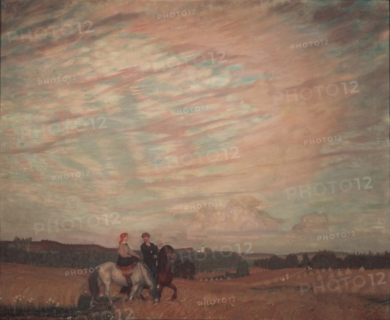 Self-portrait with the wife on horseback, 1915. Artist: Kustodiev, Boris Michaylovich (1878-1927)