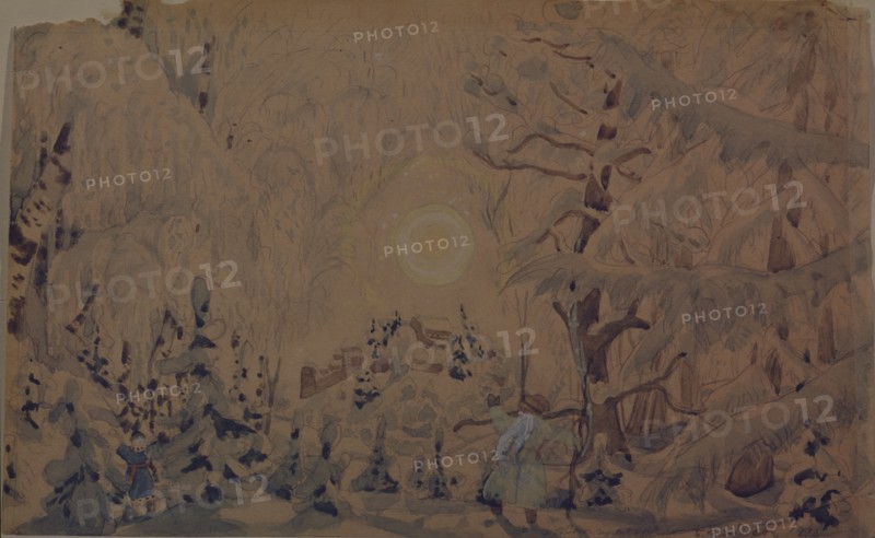Stage design for the opera The Snow Maiden by N. Rimsky-Korsakov, 1910. Artist: Kustodiev, Boris Michaylovich (1878-1927)