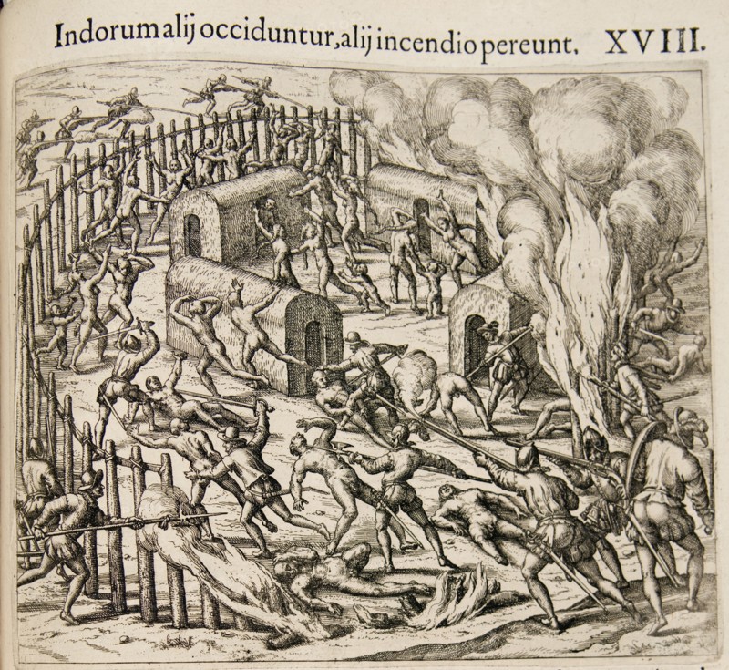 Some Indians are killed, some perish in a fire. (From: Americae pars qvarta). Artist: Bry, Theodor de (1528-1598)