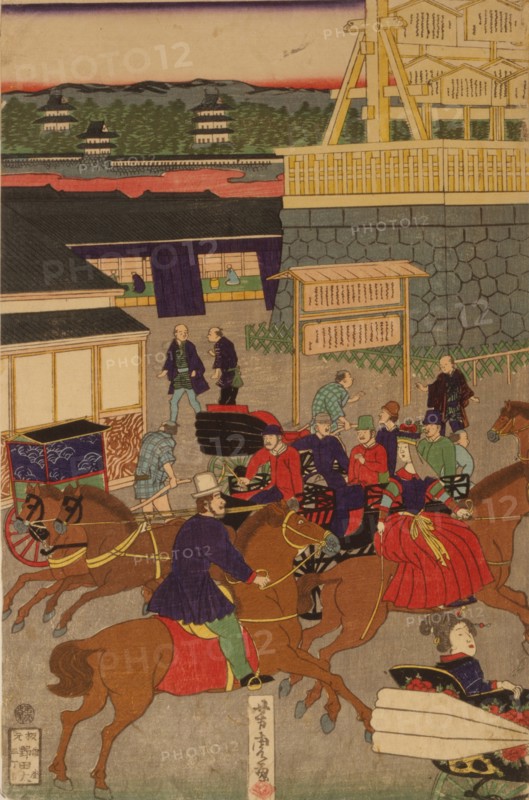 Flourishing Nihonbashi section of Tokyo. (Tokyo Nihonbashi han ei no zu) Triptych. Artist: Yoshitora, Utagawa (active 1850-1880)