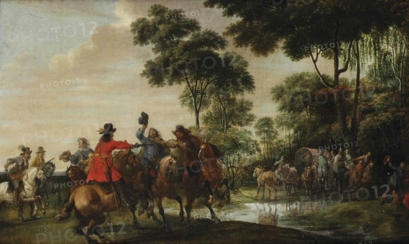 Highwaymen raiding a tilt car by a forest stream. Artist: Snayers, Pieter (1592-1667)