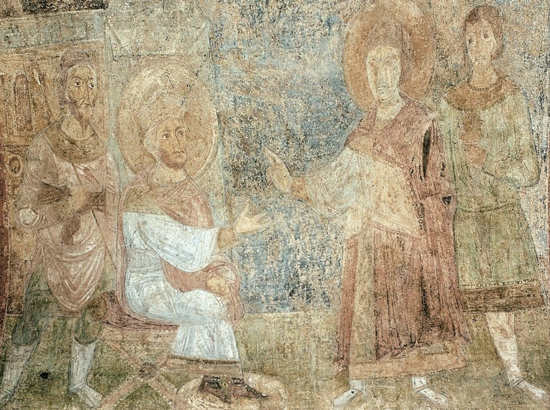 Saint George before the Emperor Diokletian. Artist: Ancient Russian frescos