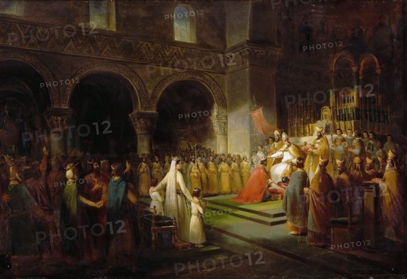 The Anointing of Pepin the Short at Saint-Denis, 28 July 754. Artist: Dubois, François (1790-1871)