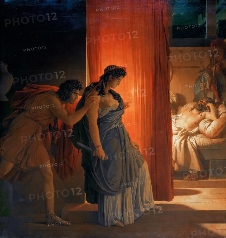 Clytemnestra hesitates before killing the sleeping Agamemnon. Artist: Guérin, Pierre Narcisse, Baron (1774-1833)
