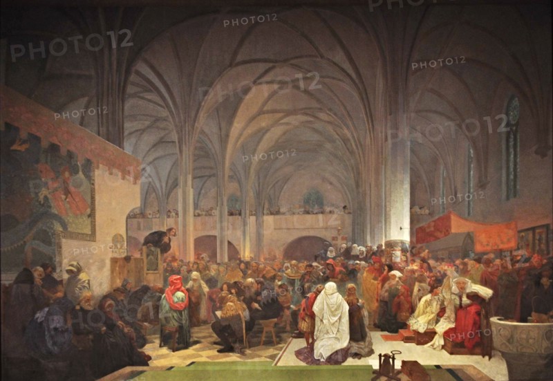 Master Jan Hus Preaching at the Bethlehem Chapel (The cycle The Slav Epic). Artist: Mucha, Alfons Marie (1860-1939)