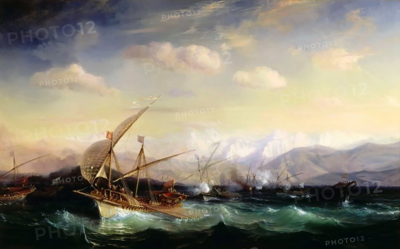 Andrea Doria dispersing the Spanish fleet ahead of the Var mouth in 1524. Artist: Gudin, Théodore (1802-1880)