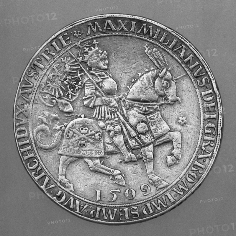 Emperor Maximilian I on Horseback. Thaler Coin from Hall. Artist: Ursentaler, Ulrich, the Elder (active 1508-1535)