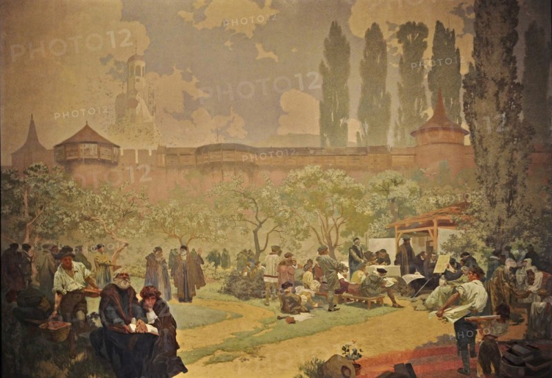 The Printing of the Bible of Kralice in Ivancice (The cycle The Slav Epic). Artist: Mucha, Alfons Marie (1860-1939)