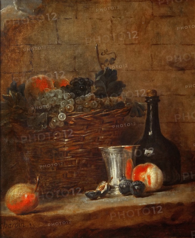 Fruit Basket with Grapes, a Silver Goblet and a Bottle, Peaches, Plums, and a Pear. Artist: Chardin, Jean-Baptiste Siméon (1699-1779)