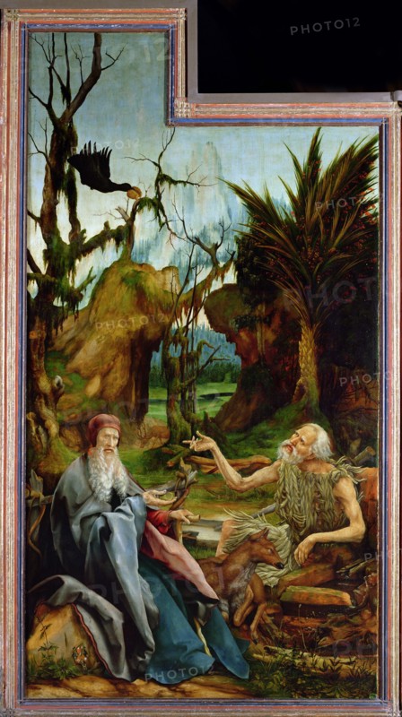 The Isenheim Altarpiece. Left wing: Meeting of Saint Anthony and Saint Paul the Anchorite in the Des Artist: Grünewald, Matthias (ca 1470-1528)