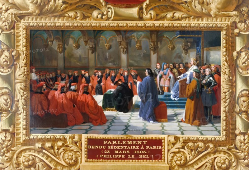 Philip IV the Fair establishes the Parliament in Paris in 1303. Artist: Alaux, Jean (1786-1864)