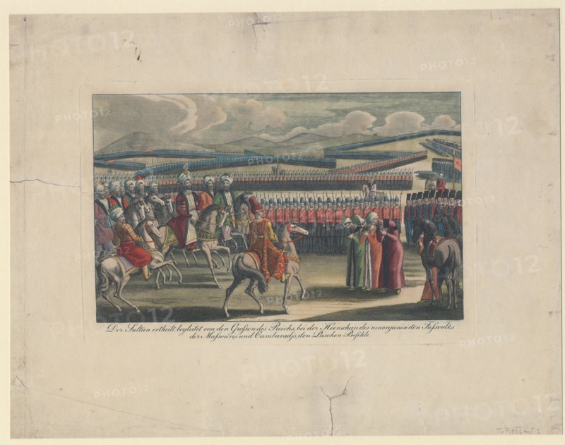 Selim III, Sultan of the Turks, welcomed to his new infantry review in countryside. Artist: Anonymous