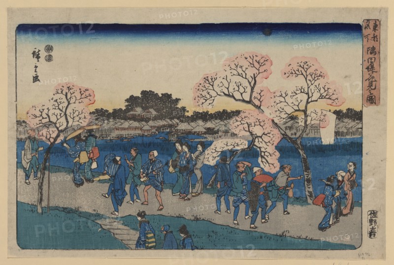 Cherry blossoms along Sumida River. (Sumida tsutsumi hanami no zu). Artist: Hiroshige, Utagawa (1797-1858)