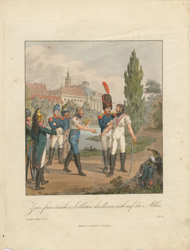 Two French soldiers fighting a duel on an avenue. Artist: Geissler, Christian Gottfried Heinrich (1770-1844)