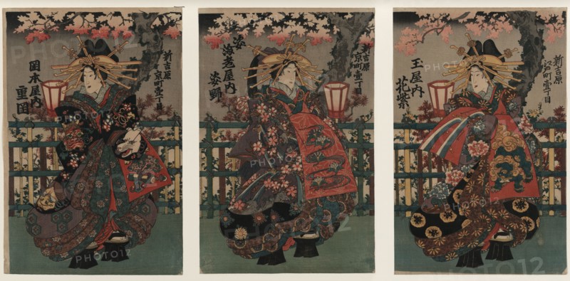 Courtesans Shigeoka, Sugatano and Hanamurasaki. Triptych. From the Series The Beauties of the Yoshiw Artist: Anonymous