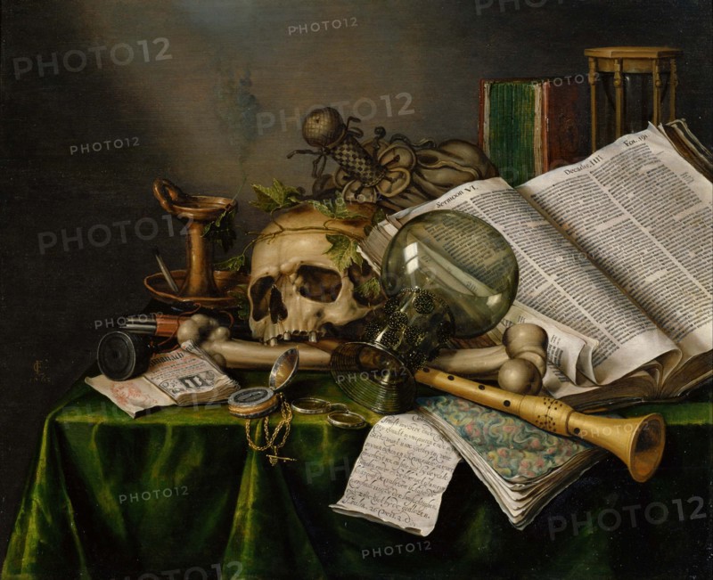 Vanitas. Still Life with Books, Manuscripts and a Skull. Artist: Collier, Edward (active 1662-1708)