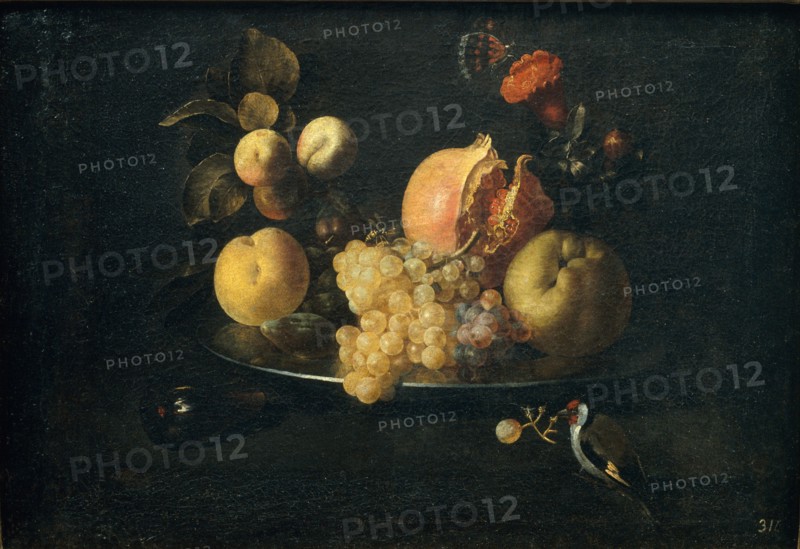 Still Life with Fruit and Goldfinch. Artist: Zurbarán, Juan de (1620-1649)