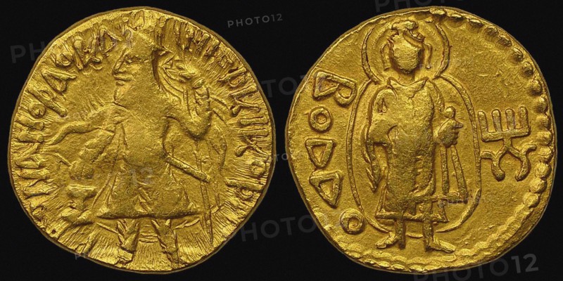 Gold Coin, Kushan. Obverse: Kanishka I. Reverse: in Bactrian script Buddha (boddo). Artist: Numismatic, Ancient Coins