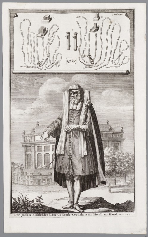 Jewish man, dressed for prayer. On the background the Portuguese Synagogue of Amsterdam. Artist: Luyken, Jan (Johannes) (1649-1712)