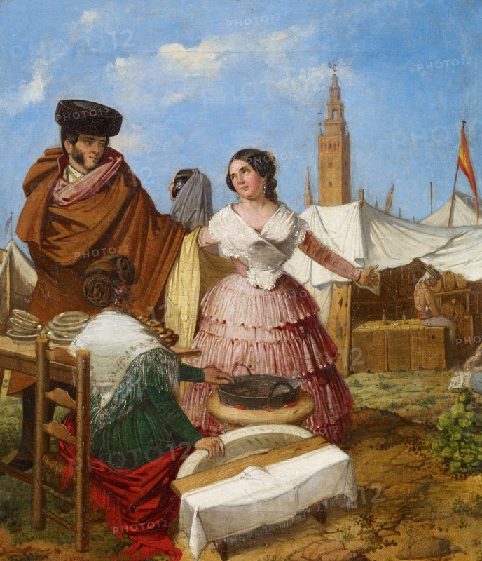 Courting at a Ring-Shaped Pastry Stall at the Seville Fair. Artist: Benjumea, Rafael (c. 1825-c. 1887)