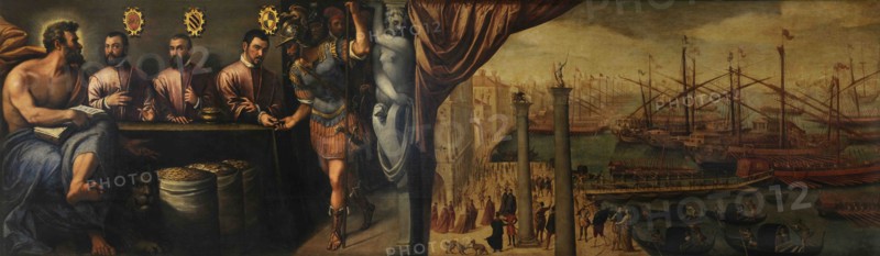Saint Mark assists three Magistrates in recruiting the militia for the fleet, ca 1586. Artist: Del Moro, Giulio Angolo (1555-after 1618)
