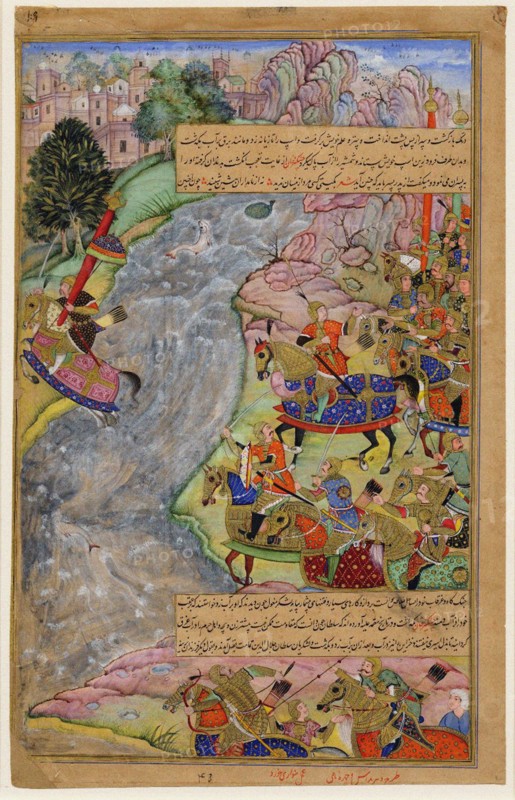 Jalal al-Din Khwarazm-Shah crossing the rapid Indus river, escaping Chinggis Khan and his army, 1597 Artist: Dharm Das (active c. 1577-1607)