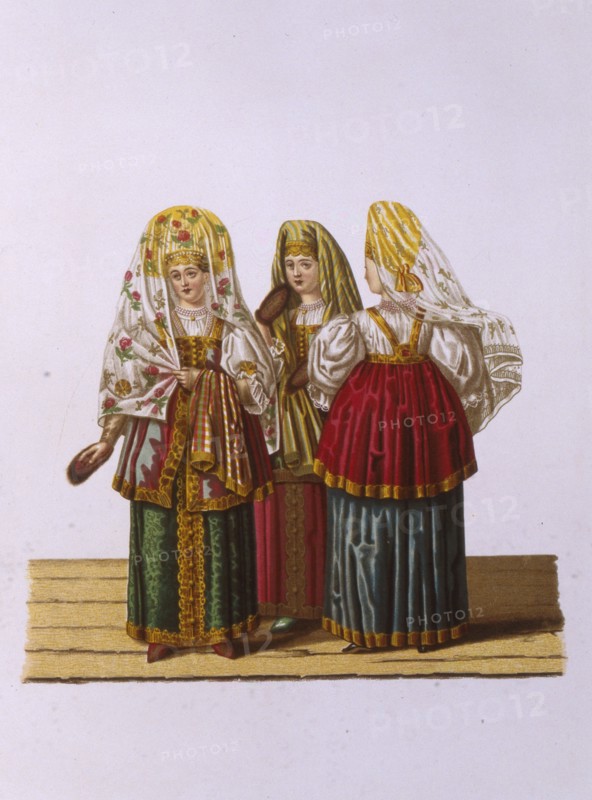 Costumes of Women and Maidens from Tver (From the series Clothing of the Russian state), 1851. Artist: Solntsev, Fyodor Grigoryevich (1801-1892)