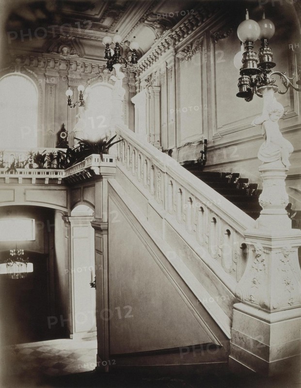 The Stroganov palace in Saint Petersburg. The grand staircase with lower vestibule, 1860s. Artist: Bianchi, Giovanni (1812-1893)