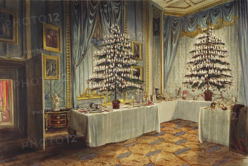Christmas trees of the Duchess of Kent and the royal children at Windsor Castle, 1850. Artist: Roberts, James (1824-1867)