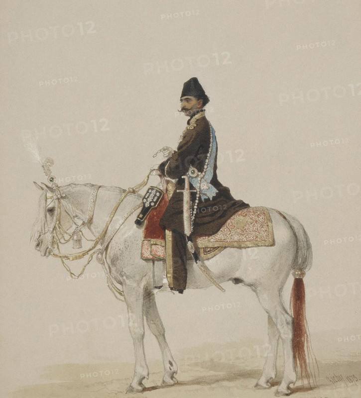 Equestrian Portrait of Naser al-Din Shah Qajar (1831-1896), 1873. Artist: Zichy, Mihály (1827-1906)