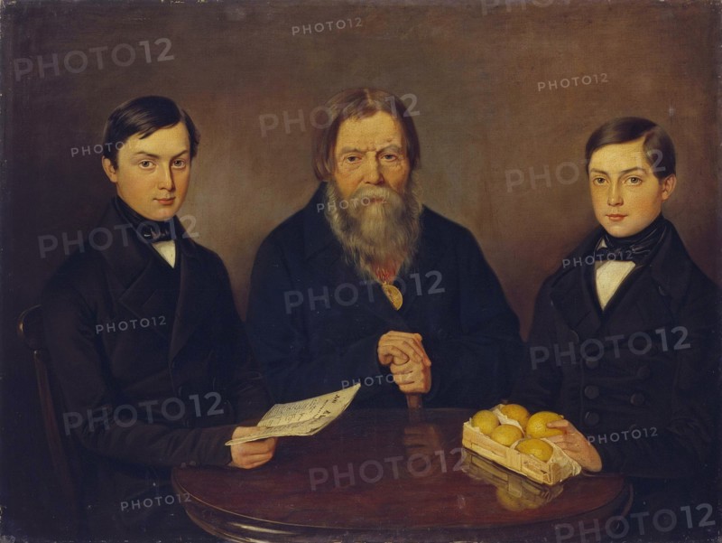Merchant Smurov with sons, 1840s. Artist: Anonymous