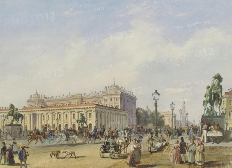 Die Anitschkow-Brücke in Sankt Petersburg, 1847. Artist: Bohnstedt, Ludwig Franz Karl (1822-1885)