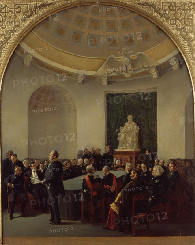 The ceremonial meeting of the Academy of Arts in 1839, 1840. Artist: Ladurner, Adolphe (1798-1856)