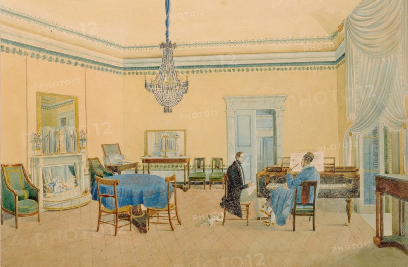 Interior with figures. The Music Room, 1830-1839. Artist: Anonymous