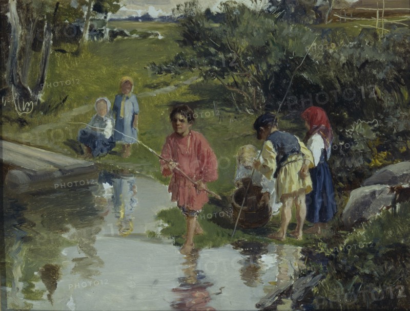 Children Fishing, 1882. Artist: Pryanishnikov, Illarion Mikhailovich (1840-1894)